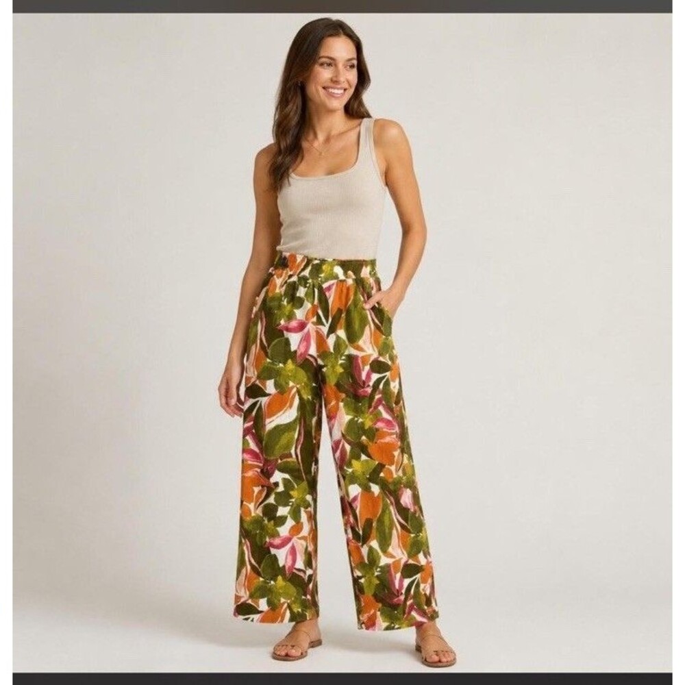 Tahari 100% Linen Cropped Wide Leg Palazzo Pants Tropical High Rise XL Culottes